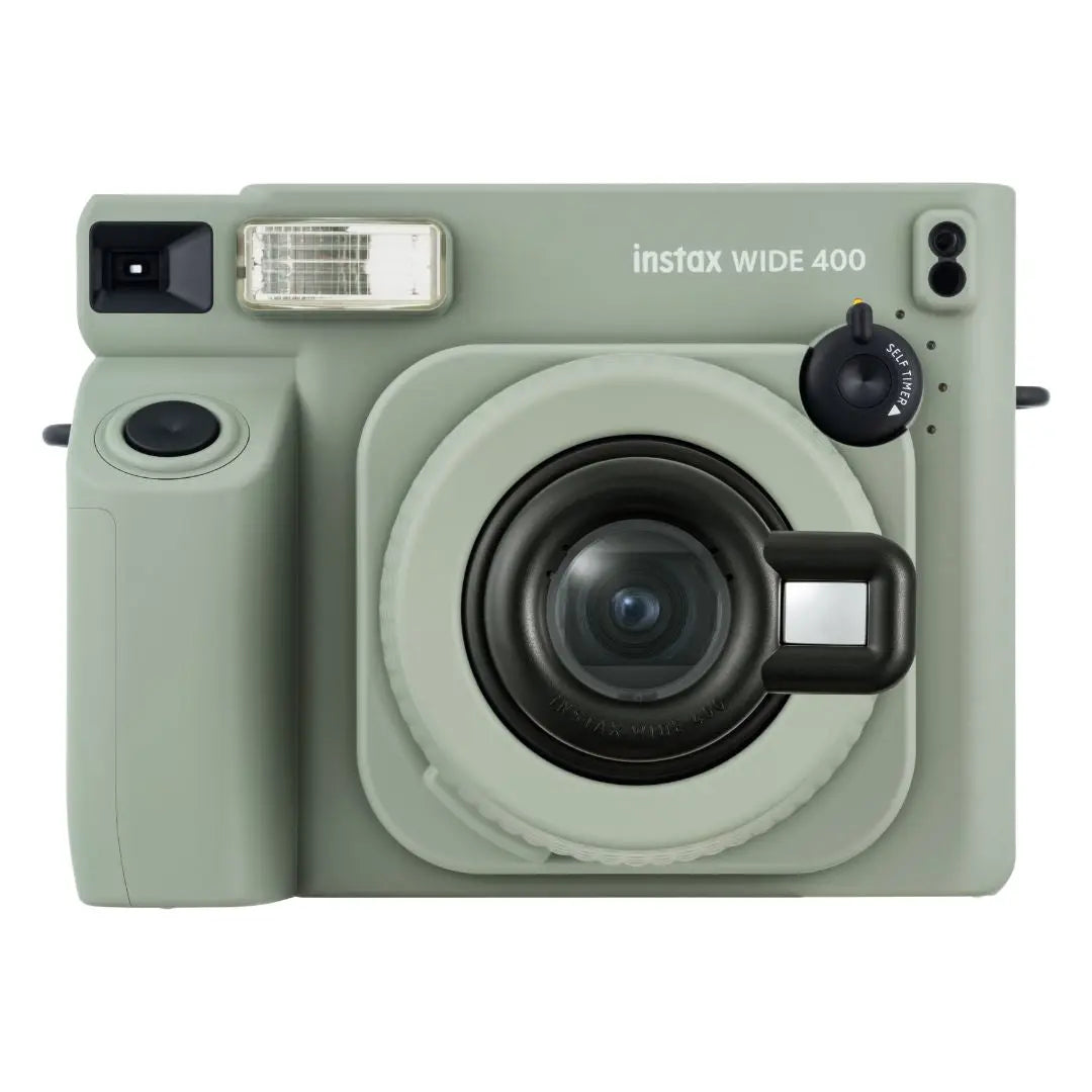 Front view of the Fujifilm Instax Wide 400 instant camera in Sage Green on a clean white background.
