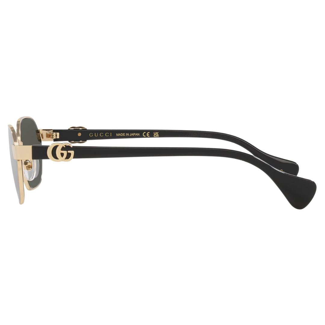 Side view of Gucci GG1593S gold sunglasses showing black acetate temple tips and gold GG logo hinge - Gadgets Online NZ