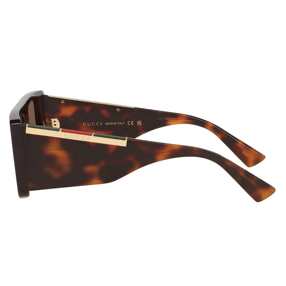 Side view of Gucci GG1888S showing thick Havana temples with green and red web detail on metal plaque - Gadgets Online NZ