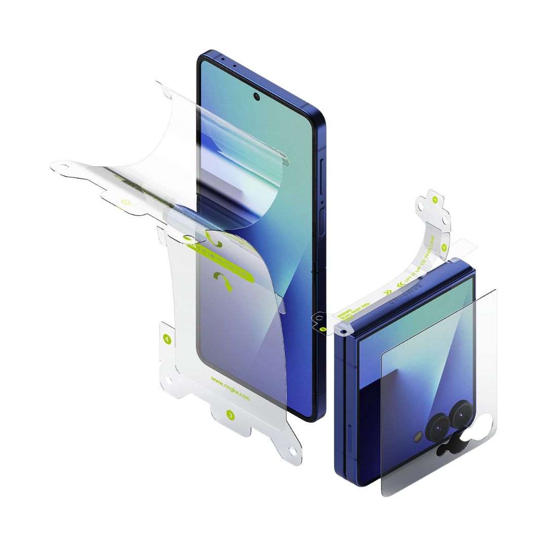 Ringke 3-in-1 Protector Pro Film kit for Samsung Galaxy Z Flip 7, showing the glass, EPU film, and hinge cover components.