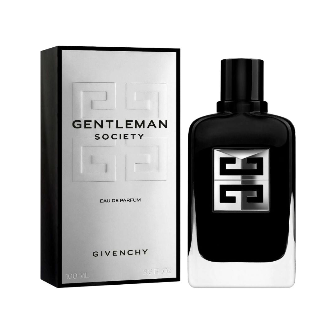 Givenchy Gentleman Society 100ml EDP, a sleek black bottle with an elegant silver crest, suggesting a bold, woody, and aromatic masculine fragrance