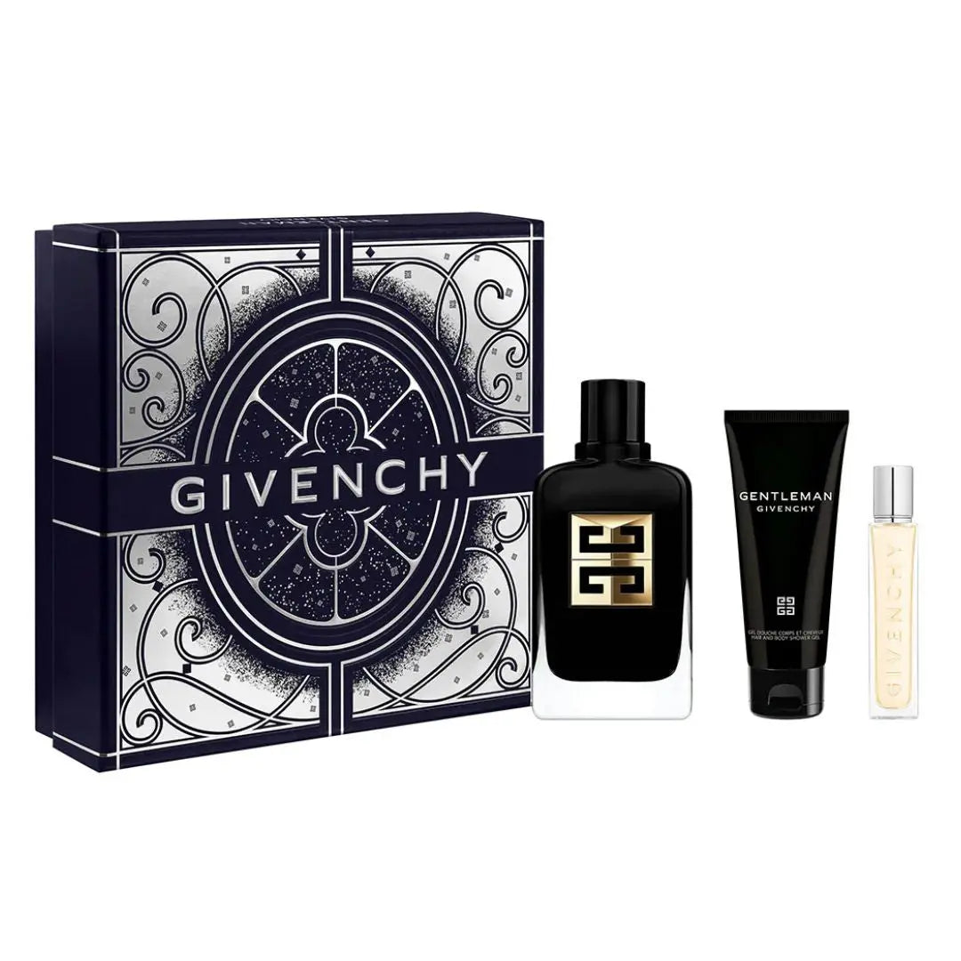 Givenchy Gentleman Society Ambrée EDP 100ml 3pc perfume set with black bottle, tube, and small bottle on a white background