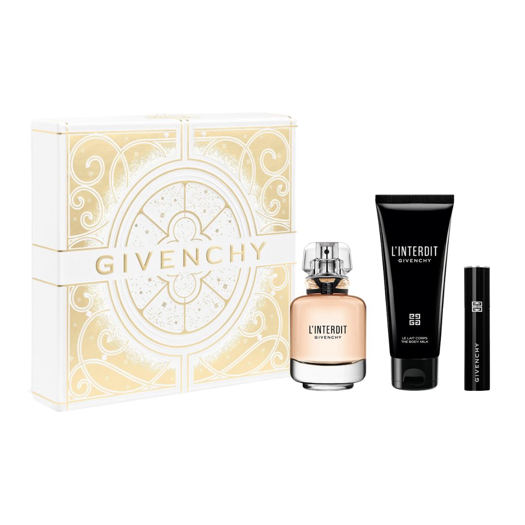 Givenchy EDP 50ml perfume set with box, bottle, and other items on a white background