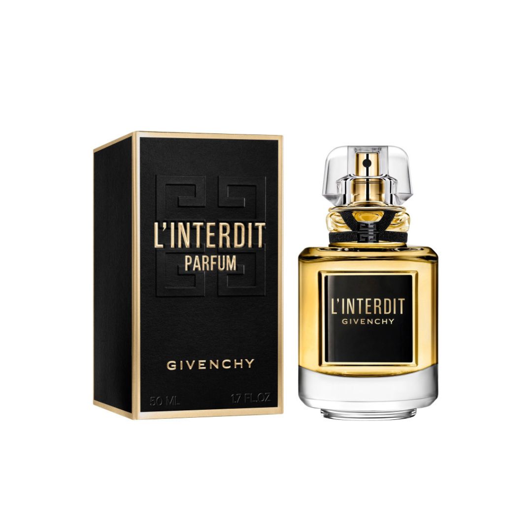 A sleek, clear glass bottle of Givenchy L’Interdit Parfum, showcasing the amber liquid and suggesting a rich, opulent floral-oriental scent.
