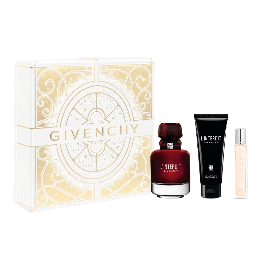 Givenchy Rogue EDP 80ml perfume set with red bottle, black tube, and smaller white bottle on a white background