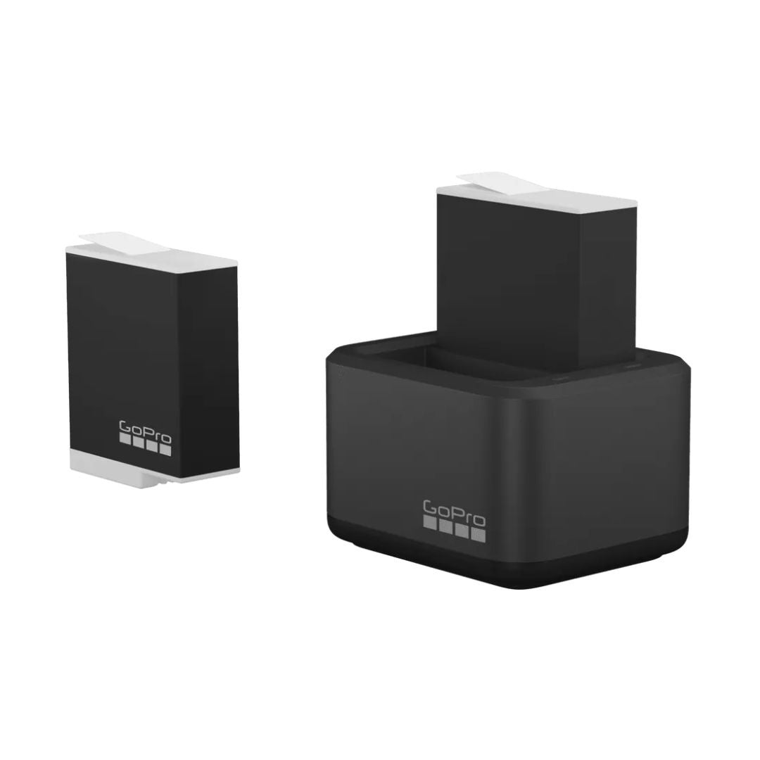 GoPro Dual charger and batteries on a white background, highlighting its compatibility with HERO12/11/10/9.