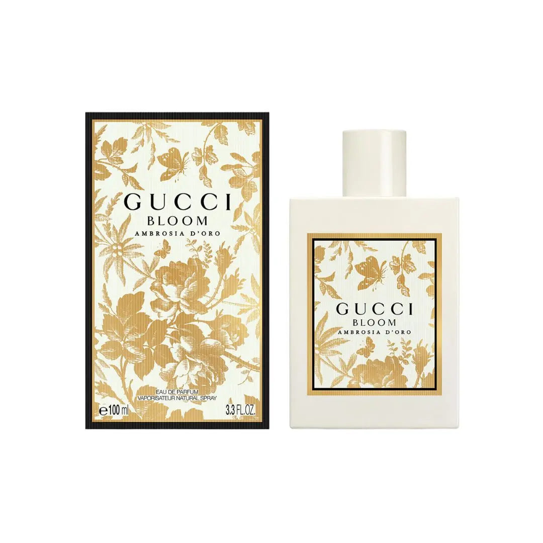 Gucci Bloom Ambrosia D’Oro Eau de Parfum 100ml bottle and packaging on a white background