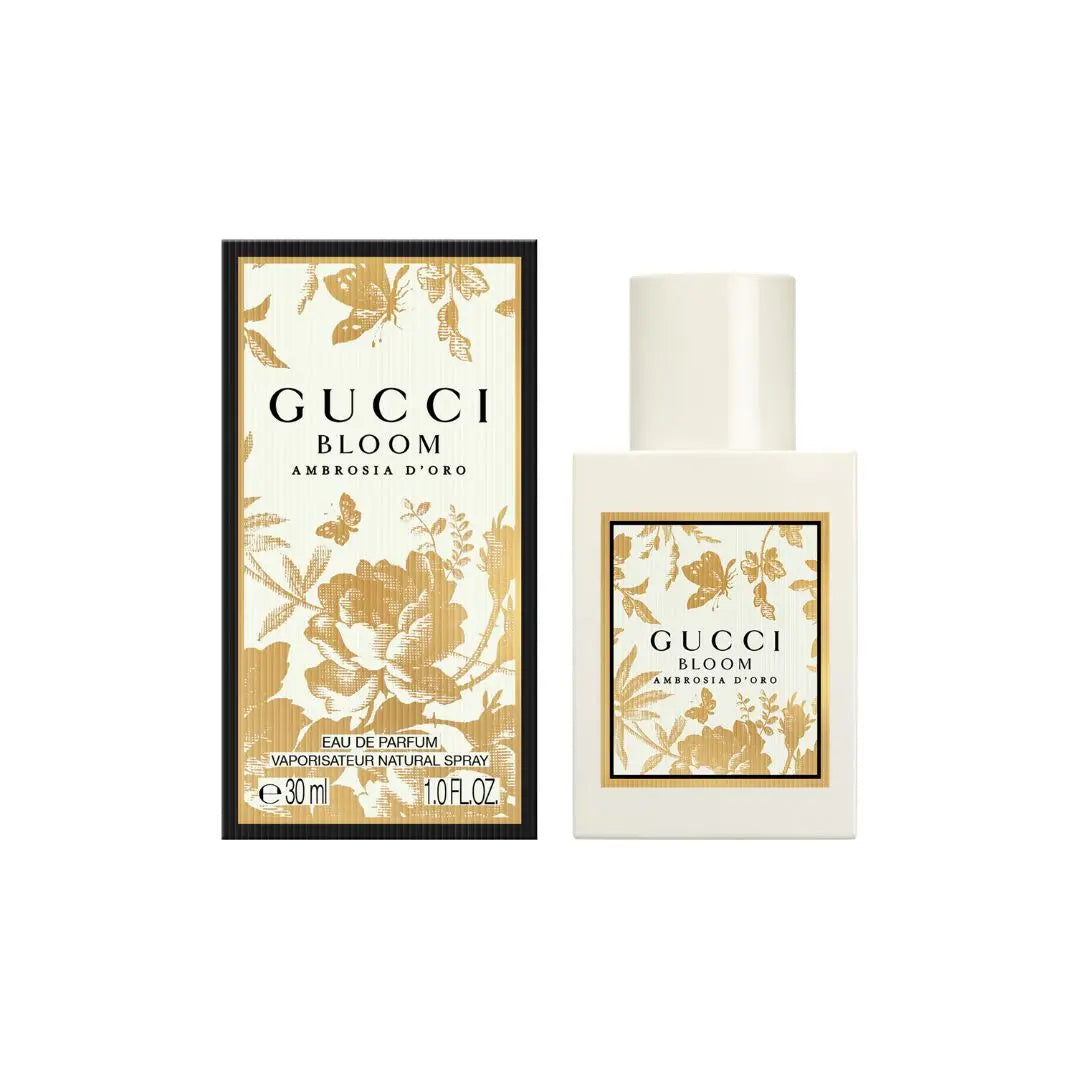 Gucci Bloom Ambrosia d'Oro EDP 30ml perfume bottle and packaging on a white background
