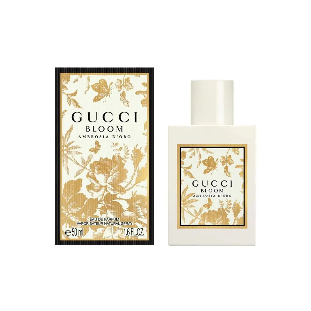 Gucci Bloom Ambrosia d'Oro EDP 50ml perfume bottle and packaging on a white background
