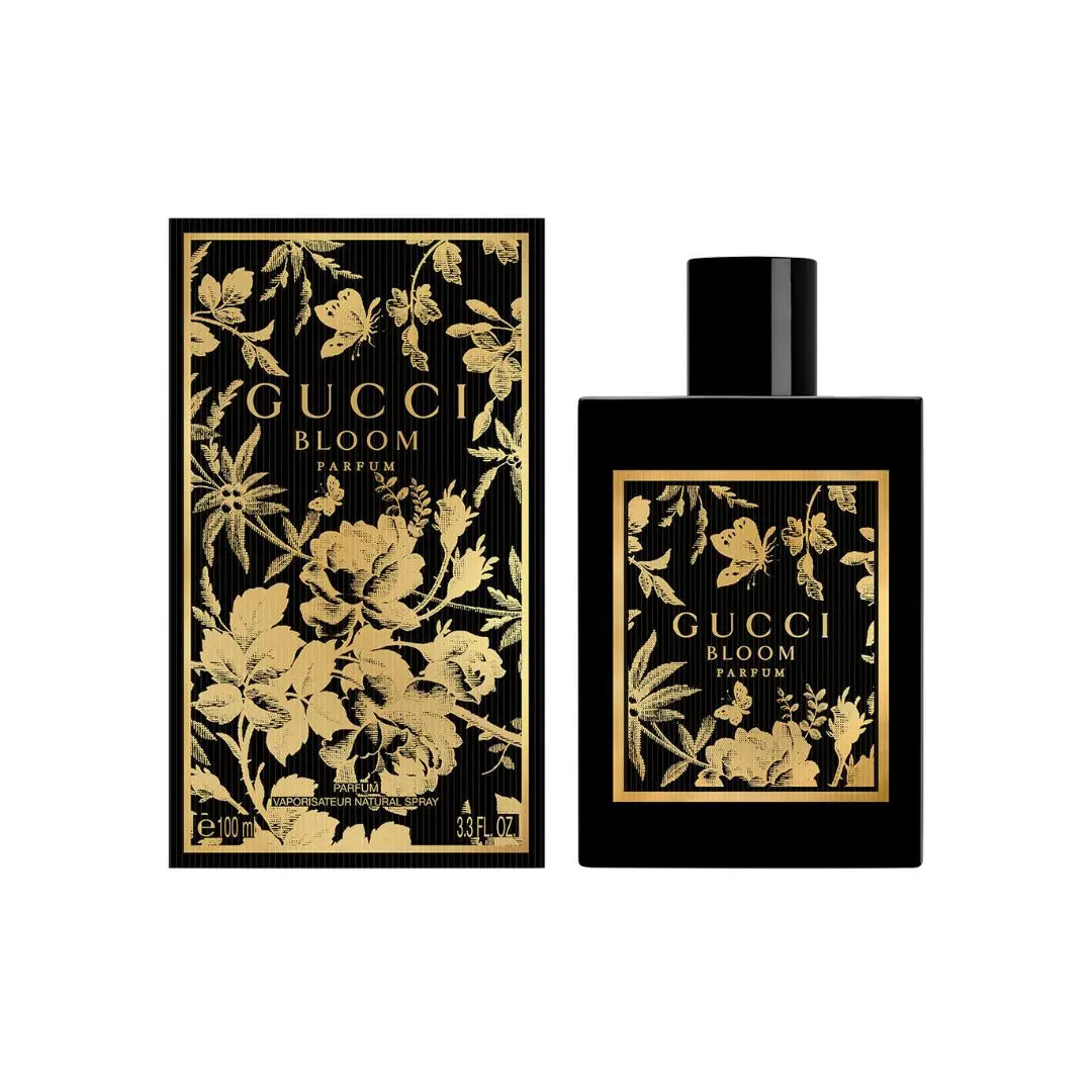 Gucci Bloom Parfum 100ml perfume bottle and packaging with black and gold design on a white background