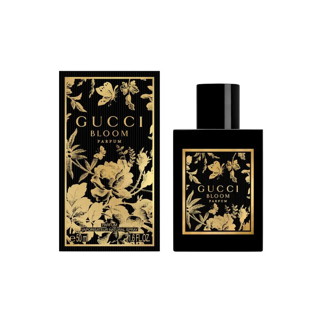 Gucci Bloom Parfum 50ml perfume bottle and packaging with floral design on a white background