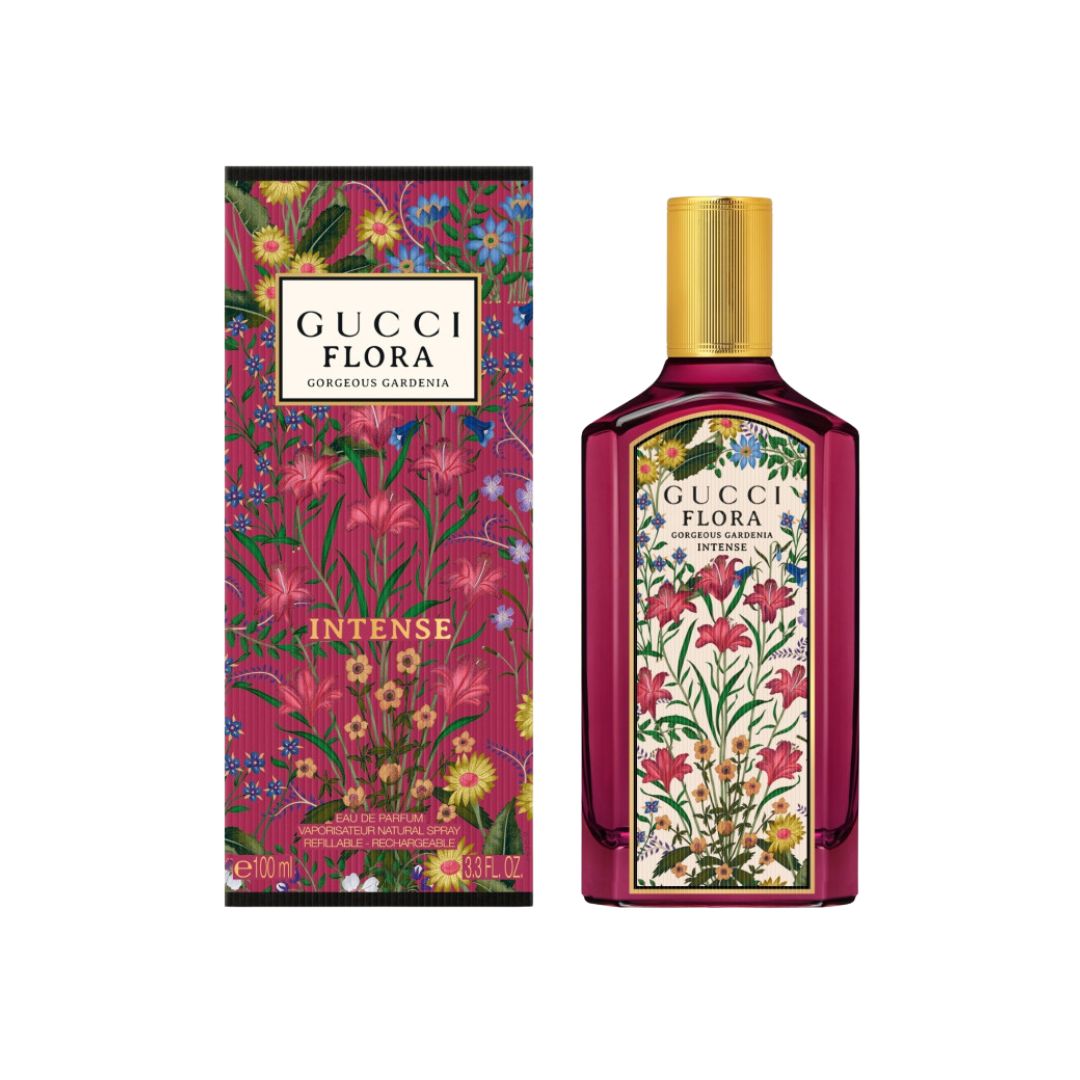 Gucci Flora Gorgeous Gardenia Intense EDP 100ml bottle and packaging with floral design on a white background