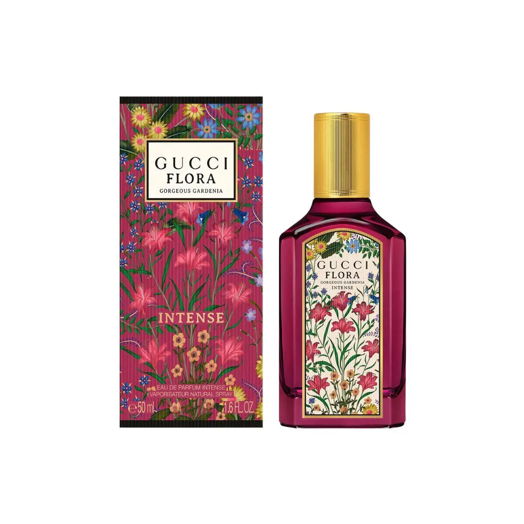 Gucci Flora Gorgeous Gardenia Intense EDP 50ml bottle and packaging with floral design on a white background