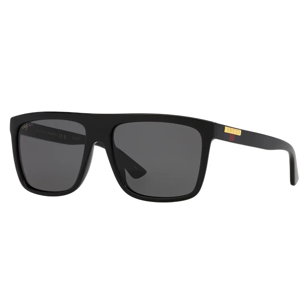 Gucci GG0748S 001 black sunglasses with grey lenses and signature green-red web stripe on temples - Gadgets Online NZ