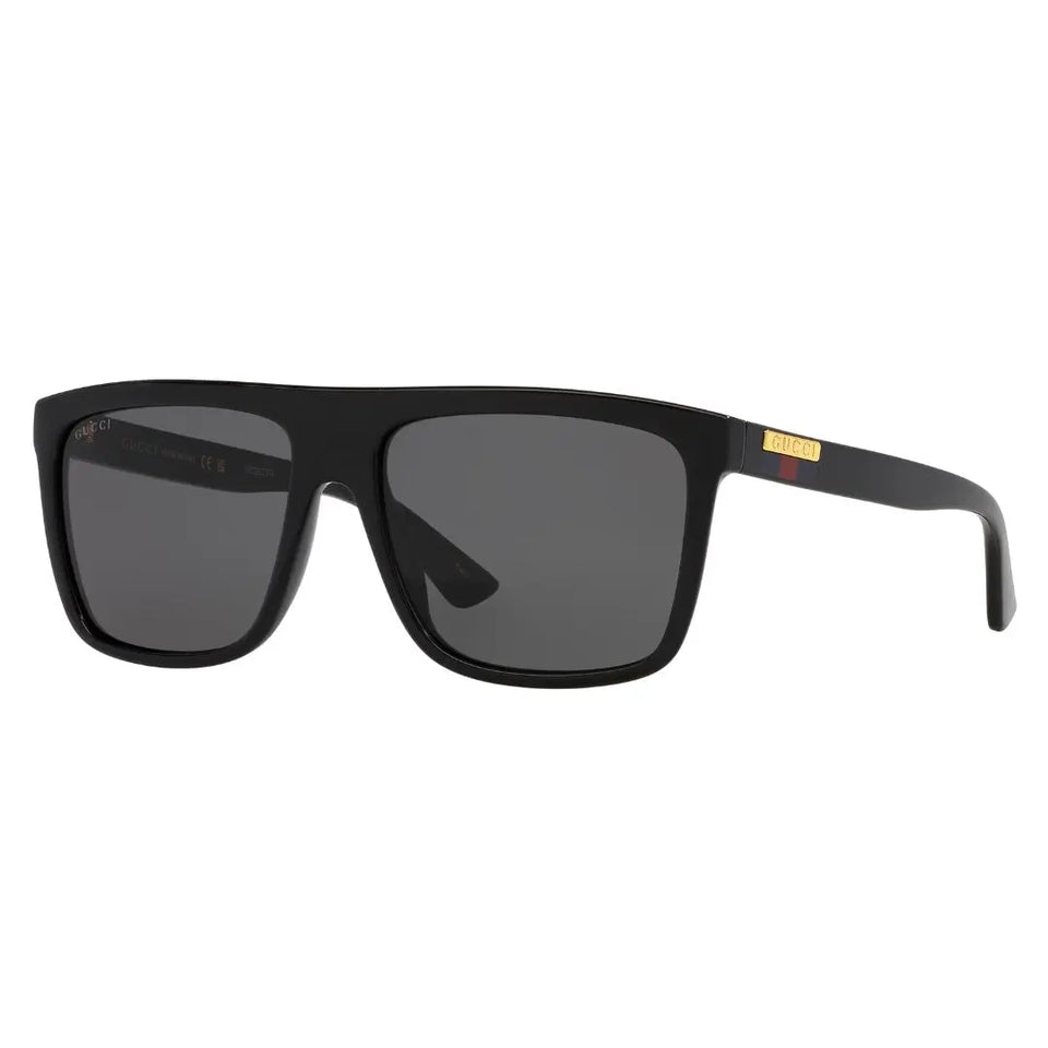 Gucci GG0748S 001 black sunglasses with grey lenses and signature green-red web stripe on temples - Gadgets Online NZ