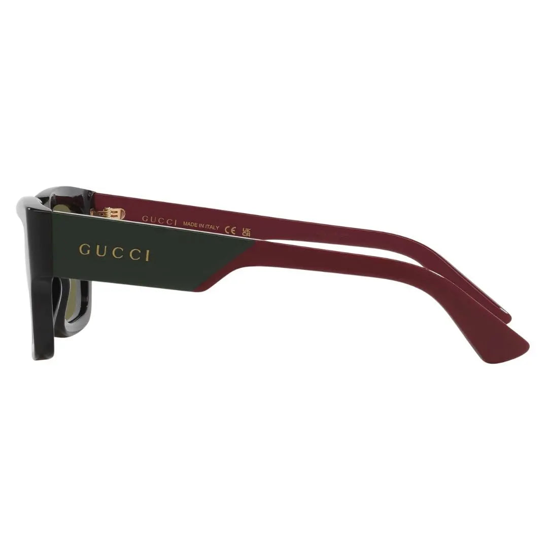 Side view of Gucci GG1668S showing thick green and burgundy temples with gold Gucci lettering logo - Gadgets Online NZ