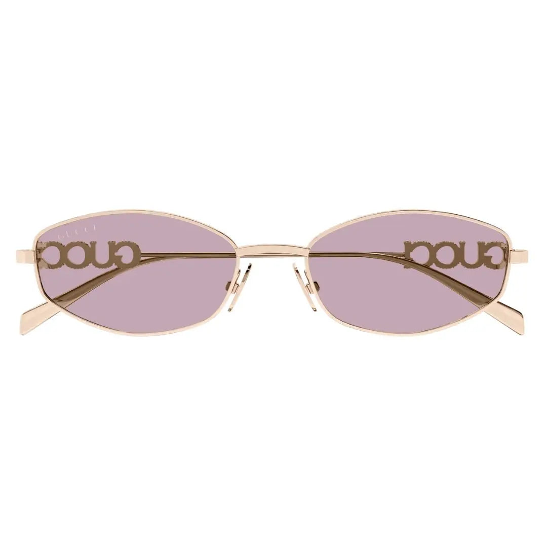 Front view of Gucci GG1802S 003 featuring a narrow oval gold metal frame and solid light blue lenses - Gadgets Online NZ