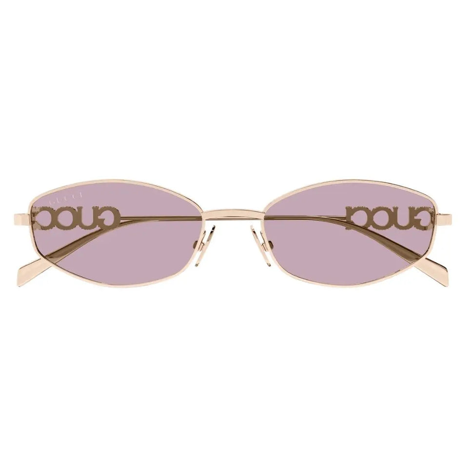 Front view of Gucci GG1802S 003 featuring a narrow oval gold metal frame and solid light blue lenses - Gadgets Online NZ