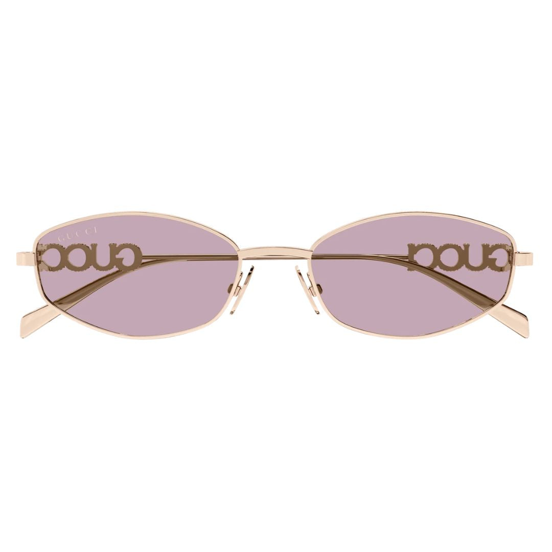 Front view of Gucci GG1802S 003 featuring a narrow oval gold metal frame and solid light blue lenses - Gadgets Online NZ