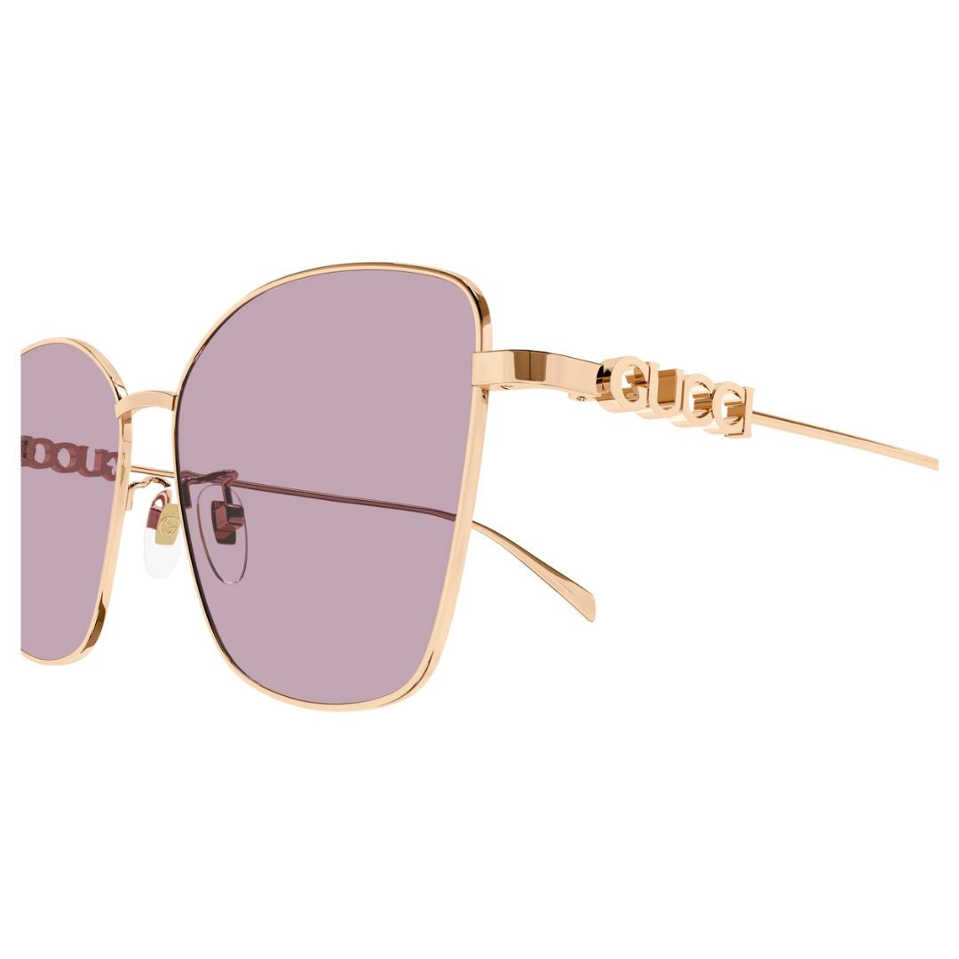 Side view of Gucci GG1805SA rose gold sunglasses showing thin metal temples with Gucci lettering logo - Gadgets Online NZ