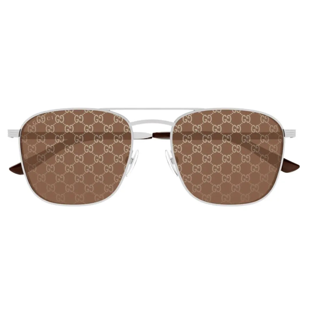 Front view of Gucci GG1881S 004 featuring a rectangular matte silver metal frame and logo lenses - Gadgets Online NZ
