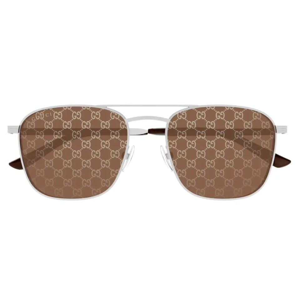 Front view of Gucci GG1881S 004 featuring a rectangular matte silver metal frame and logo lenses - Gadgets Online NZ