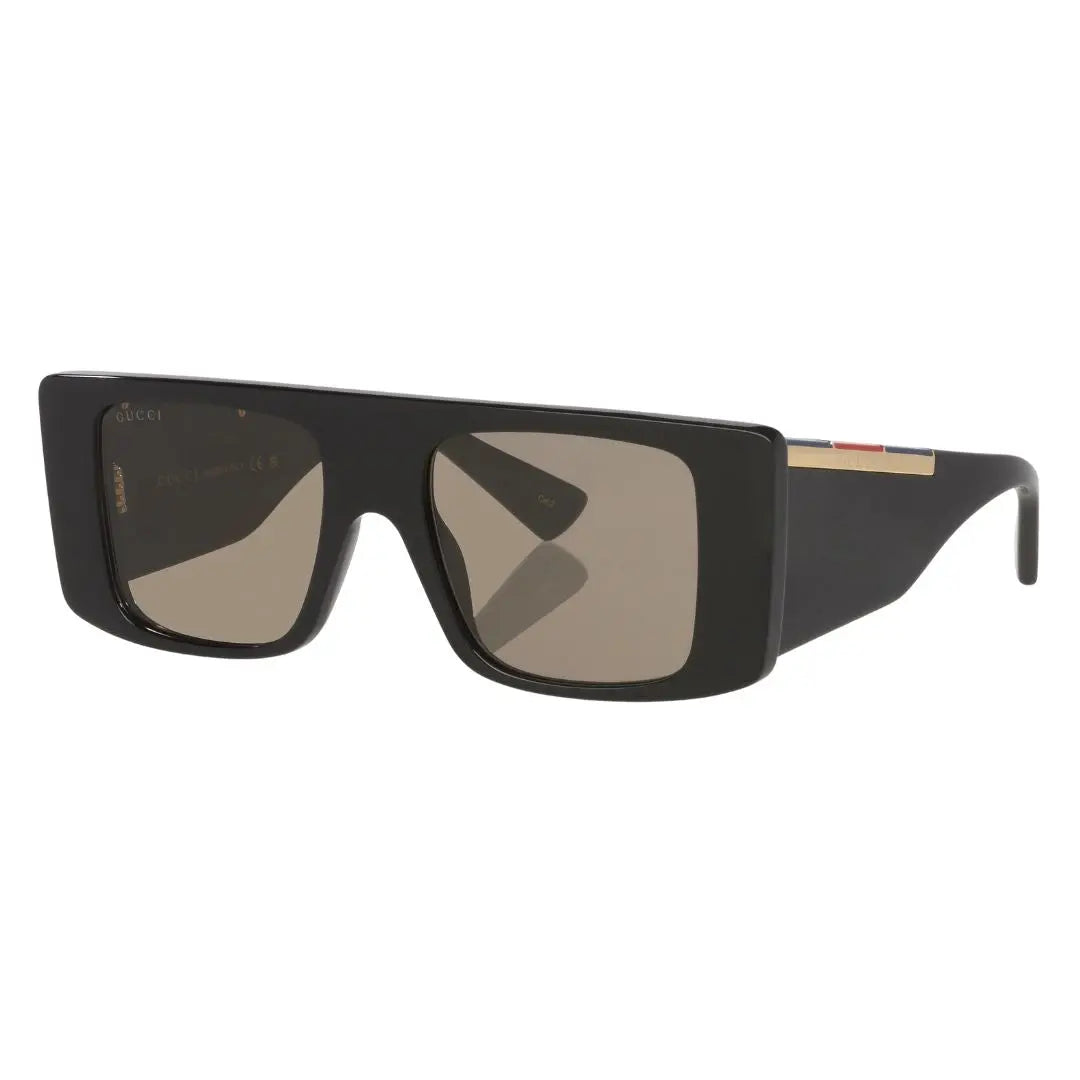 Gucci GG1888S 001 black sunglasses with brown lenses and metal logo plaque on thick temples - Gadgets Online NZ