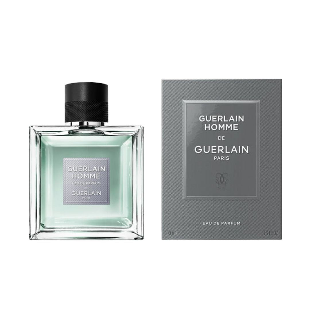 Guerlain Homme 100ml EDP, a sleek, modern bottle suggesting a fresh, invigorating, and woody masculine fragrance in NZ