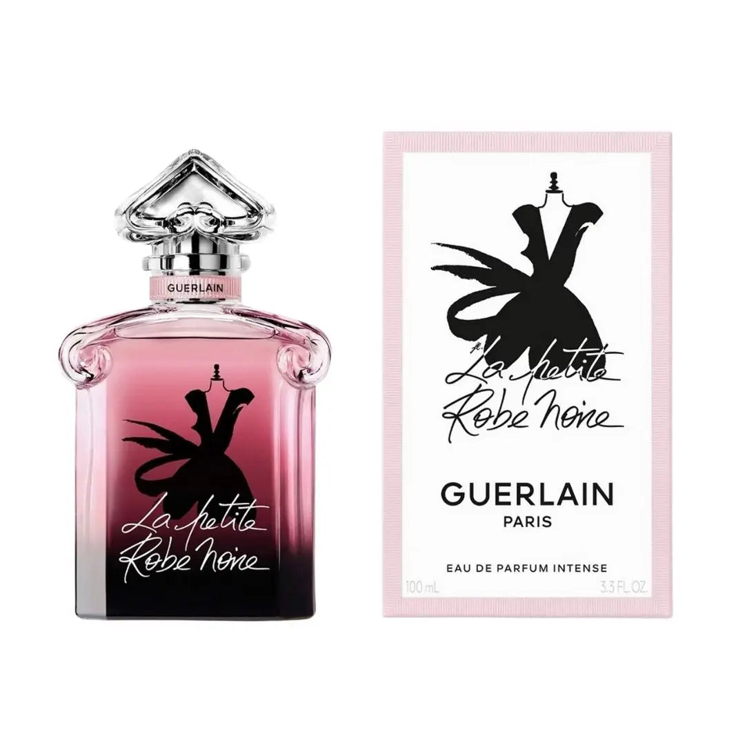 Guerlain La Petite Robe Noire Intense 100ml EDP, an elegant black dress-shaped bottle with a blue liquid, suggesting a sweet, fruity-floral, and gourmand fragrance for women in NZ