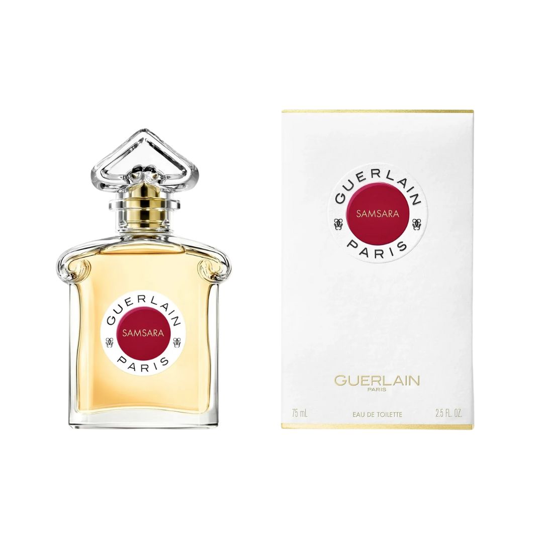 Guerlain Samsara 75ml EDT, a classic, elegant red bottle, suggesting a harmonious, woody, and floral fragrance for women in NZ