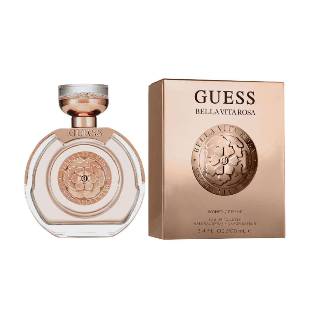 Guess Bella Vita Rosa 100ml EDT, a sleek pink bottle with a bold design, suggesting a radiant, fruity-floral, and woody feminine fragrance.