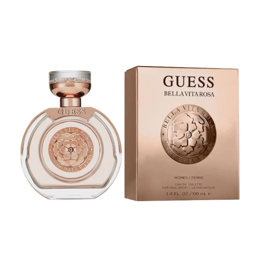 Guess Bella Vita Rosa 100ml EDT, a sleek pink bottle with a bold design, suggesting a radiant, fruity-floral, and woody feminine fragrance.