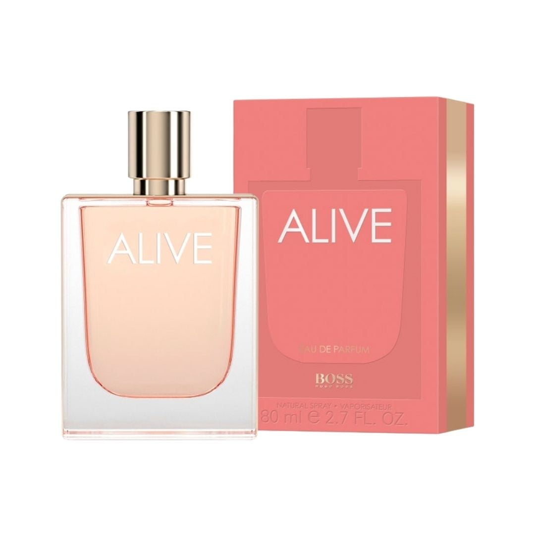 Hugo Boss Alive 80ml EDP, a modern, elegant bottle with a warm amber liquid, suggesting a vibrant, fruity, and woody feminine fragrance in NZ