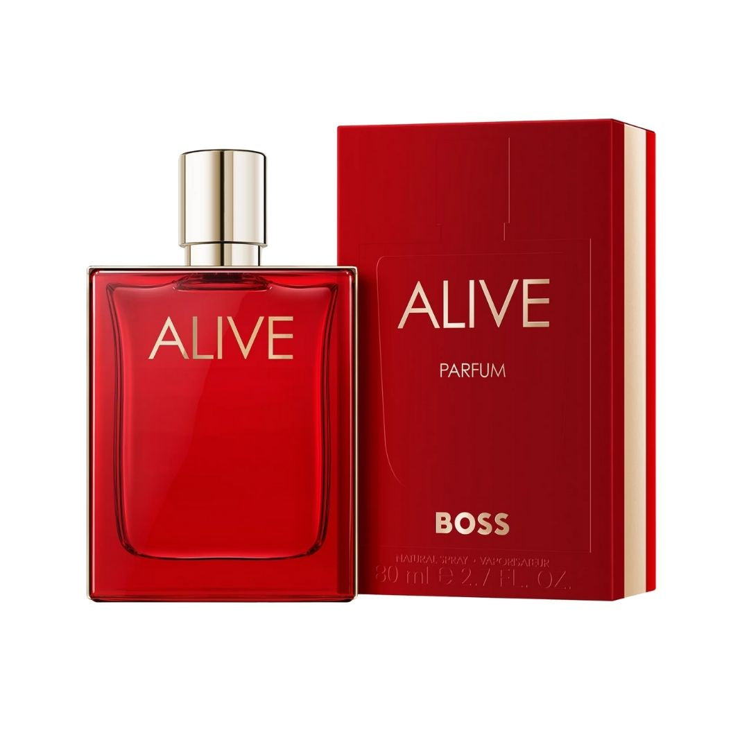 Hugo Boss Alive 80ml Parfum, a modern, elegant bottle with a warm amber liquid, suggesting a bold, floral, and leathery feminine fragrance in NZ