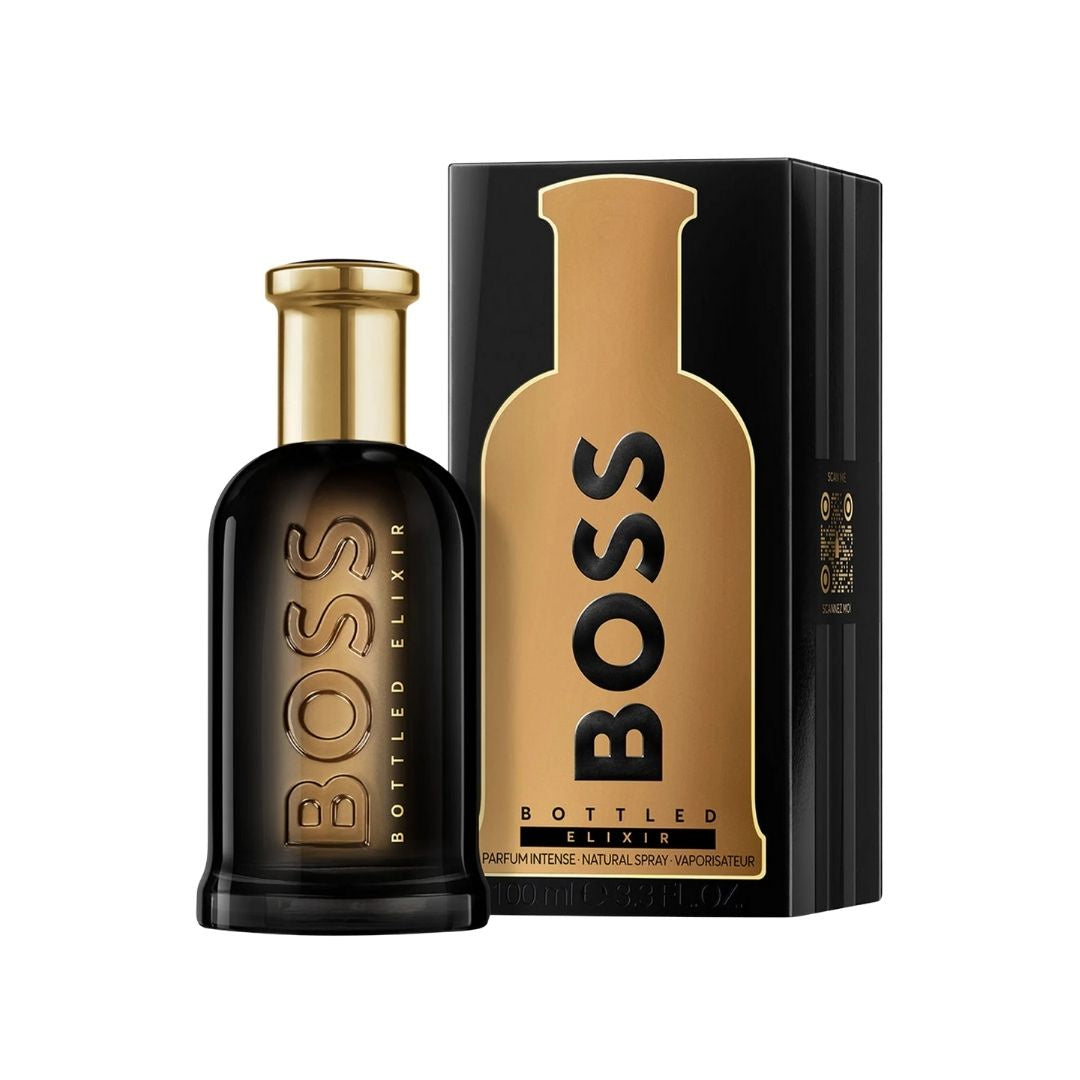 Hugo Boss Bottled Elixir 100ml Parfum Intense, a dark, translucent bottle suggesting a rich, woody, and resinous masculine fragrance in NZ