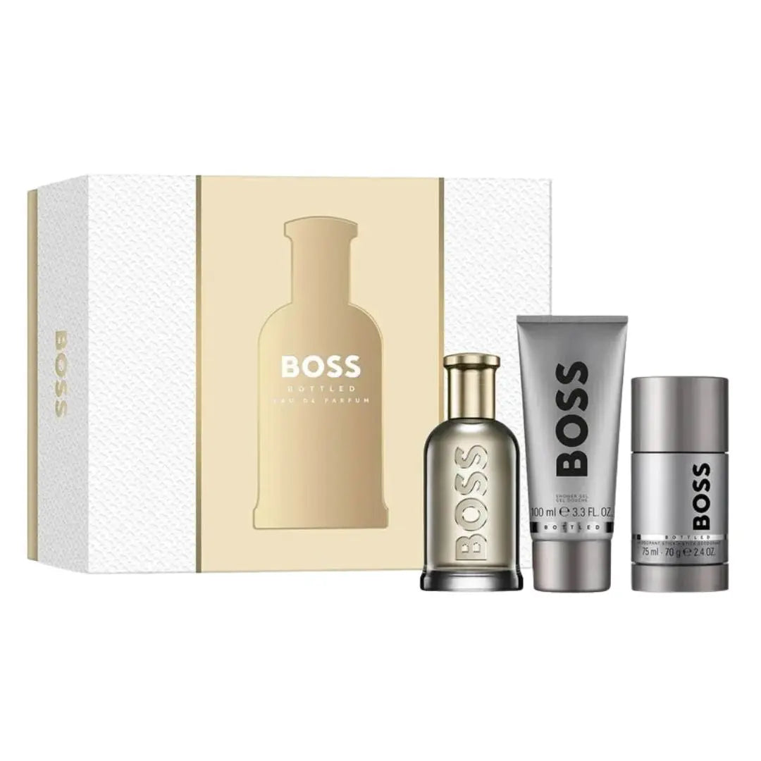 Hugo Boss Boss Bottled 100ml EDP 3 Piece Gift Set, featuring the iconic bottle, deodorant stick, and shower gel in an elegant gift box. Shop in NZ