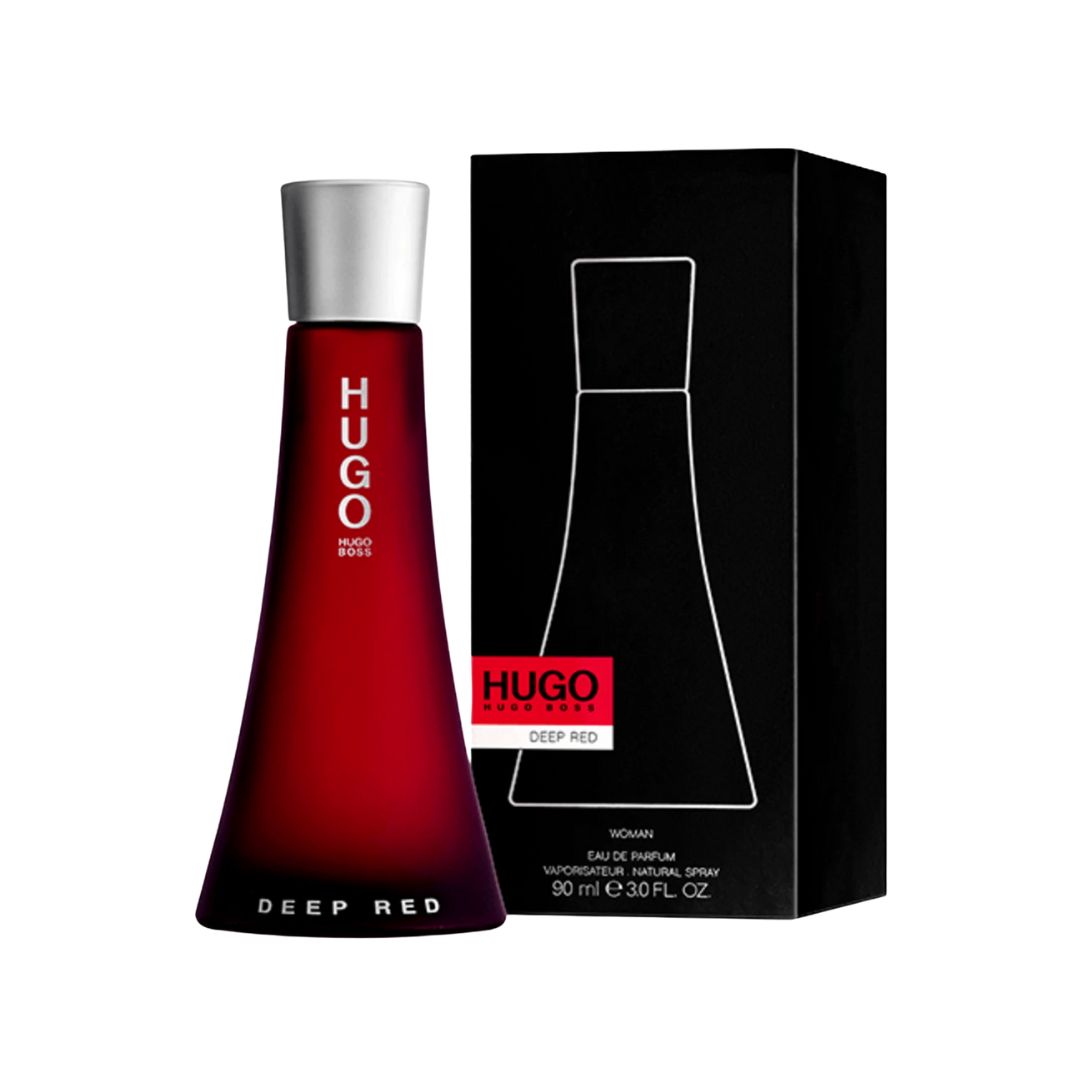 Hugo Boss Hugo Deep Red perfume bottle and packaging on a white background