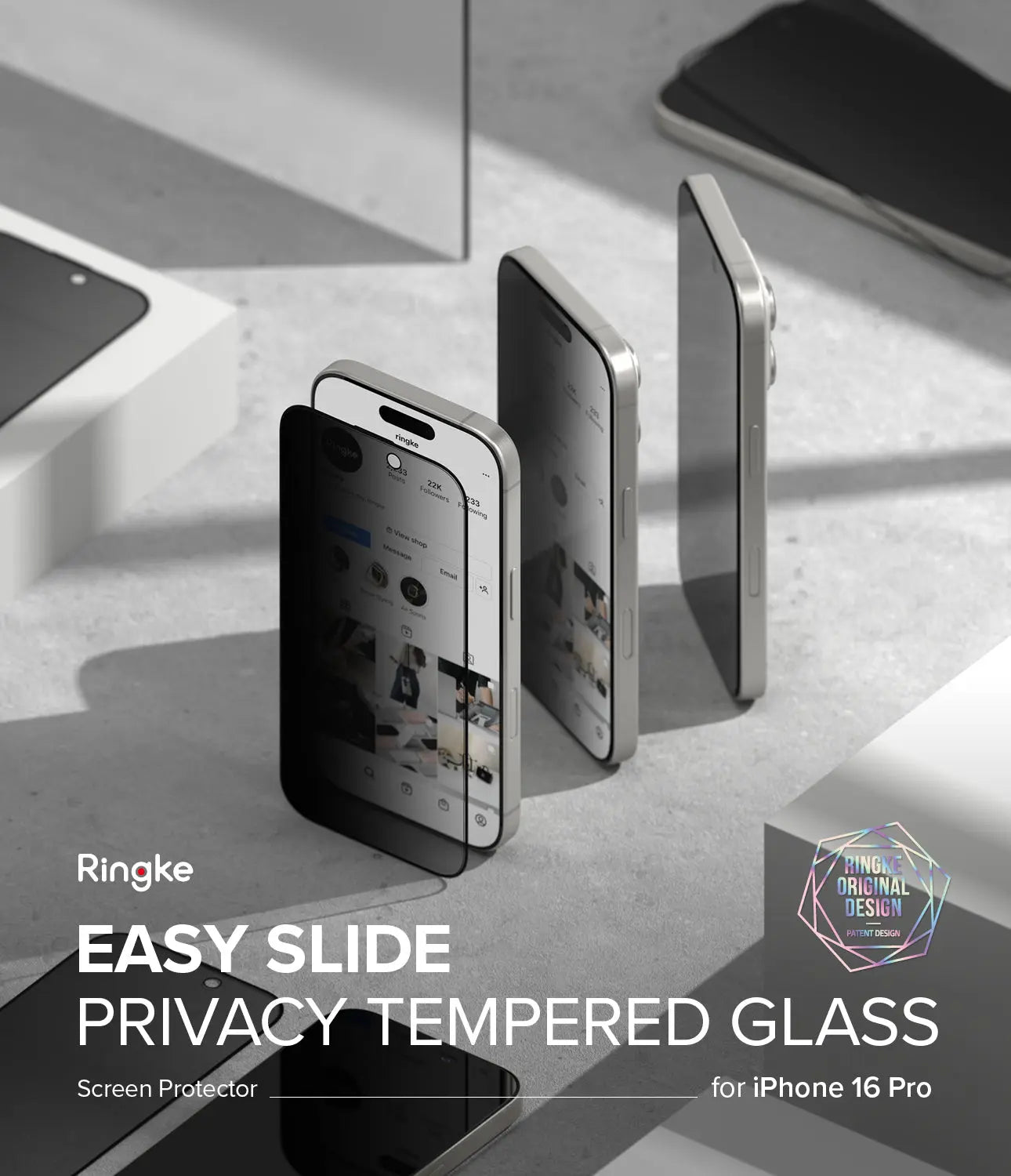 Ringke Easy Slide Privacy Tempered Glass screen protector for iPhone 16 Pro on a modern surface with 'Ringke' branding.