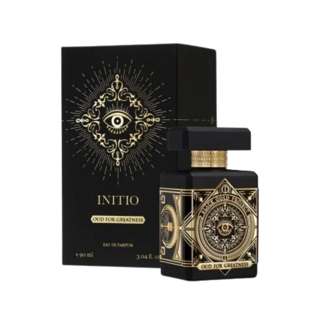 Initio Parfums Prives Oud For Greatness 90ml EDP, a sleek, dark bottle with gold accents, suggesting a powerful, luxurious, and woody oud fragrance in NZ