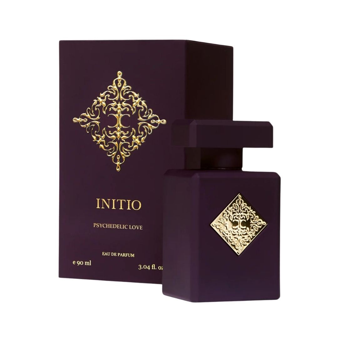 Initio Parfums Prives Psychedelic Love 90ml EDP, a sleek, dark bottle, suggesting a mysterious, floral, and warm unisex fragrance in NZ