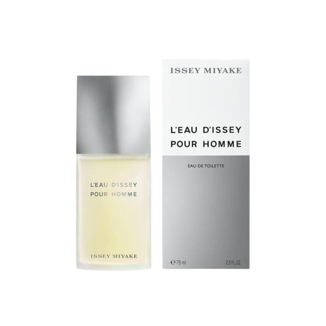 Issey Miyake L’Eau D’Issey Pour Homme 75ml EDT, a tall, frosted glass bottle, suggesting a fresh, aquatic, and masculine fragrance in NZ