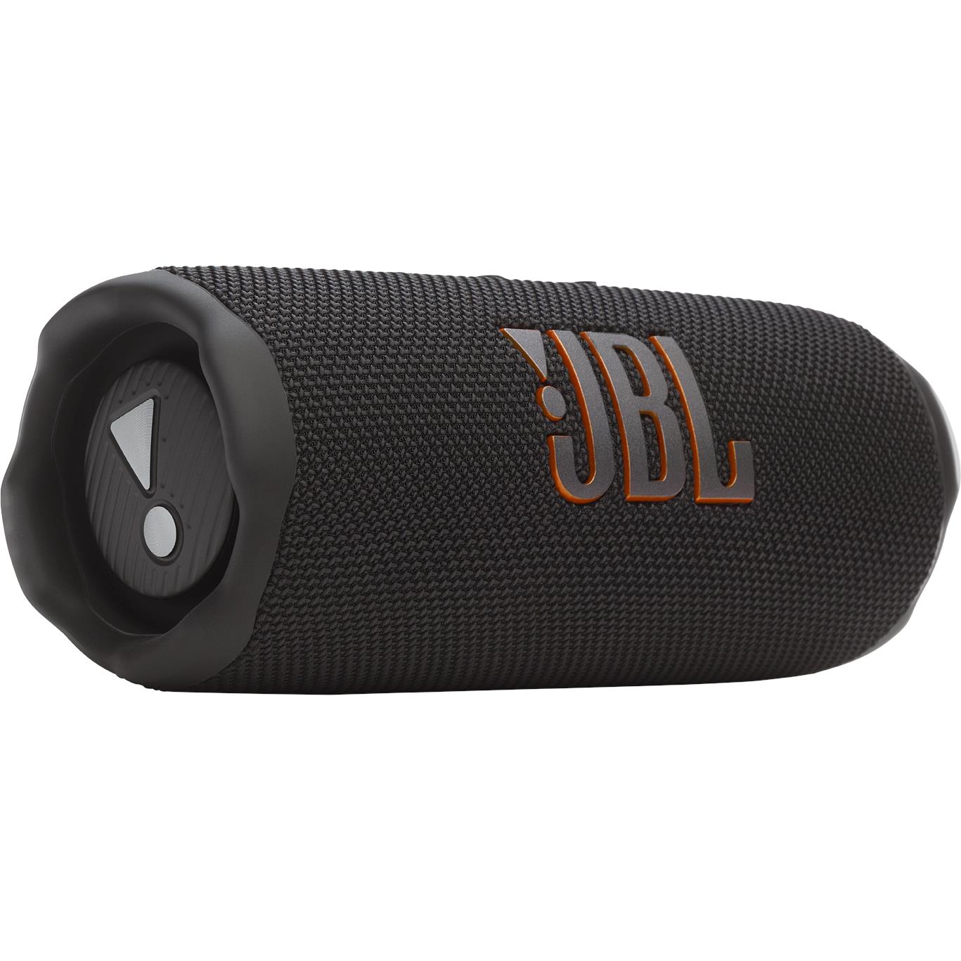 Black JBL Flip 7 portable Bluetooth speaker showing the fabric grille and side passive radiator.