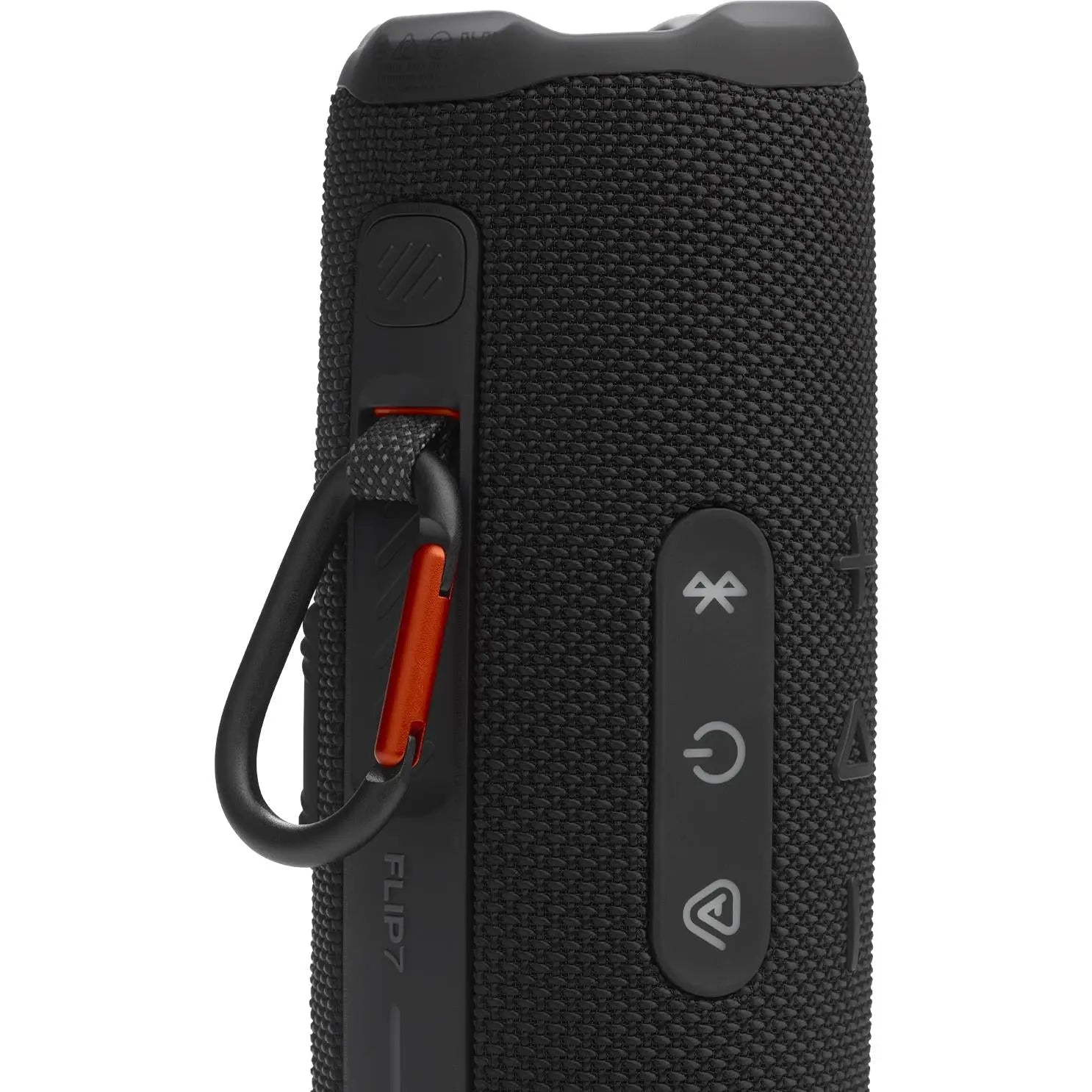 Close-up of the JBL Flip 7's PushLock system with the attached carabiner clip for easy carrying.