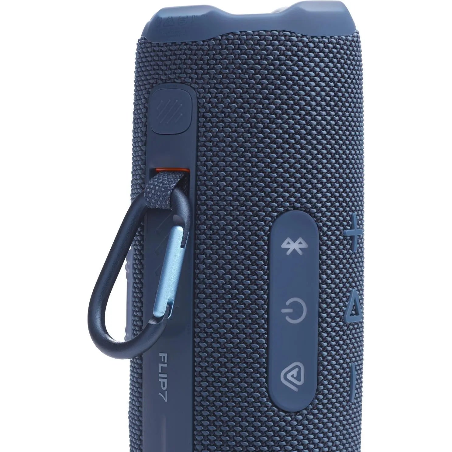 Close-up of the JBL Flip 7's PushLock system with the attached carabiner clip for easy carrying.
