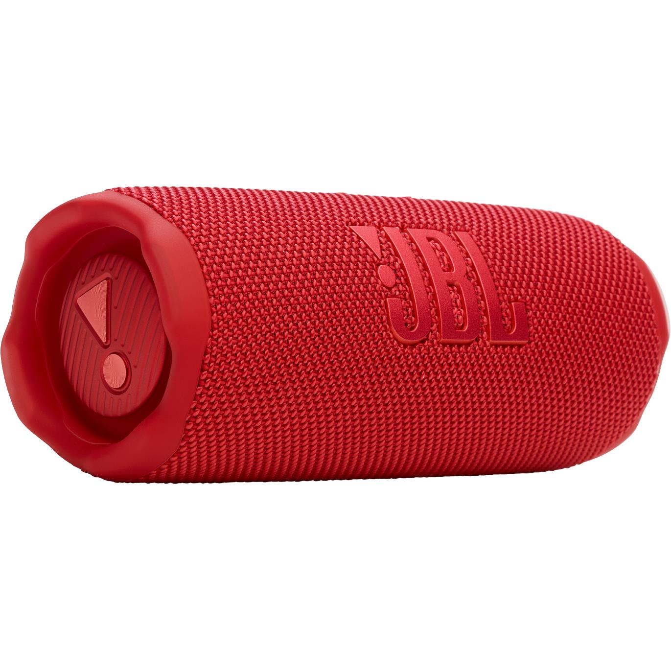 Red JBL Flip 7 portable Bluetooth speaker showing the fabric grille and side passive radiator.