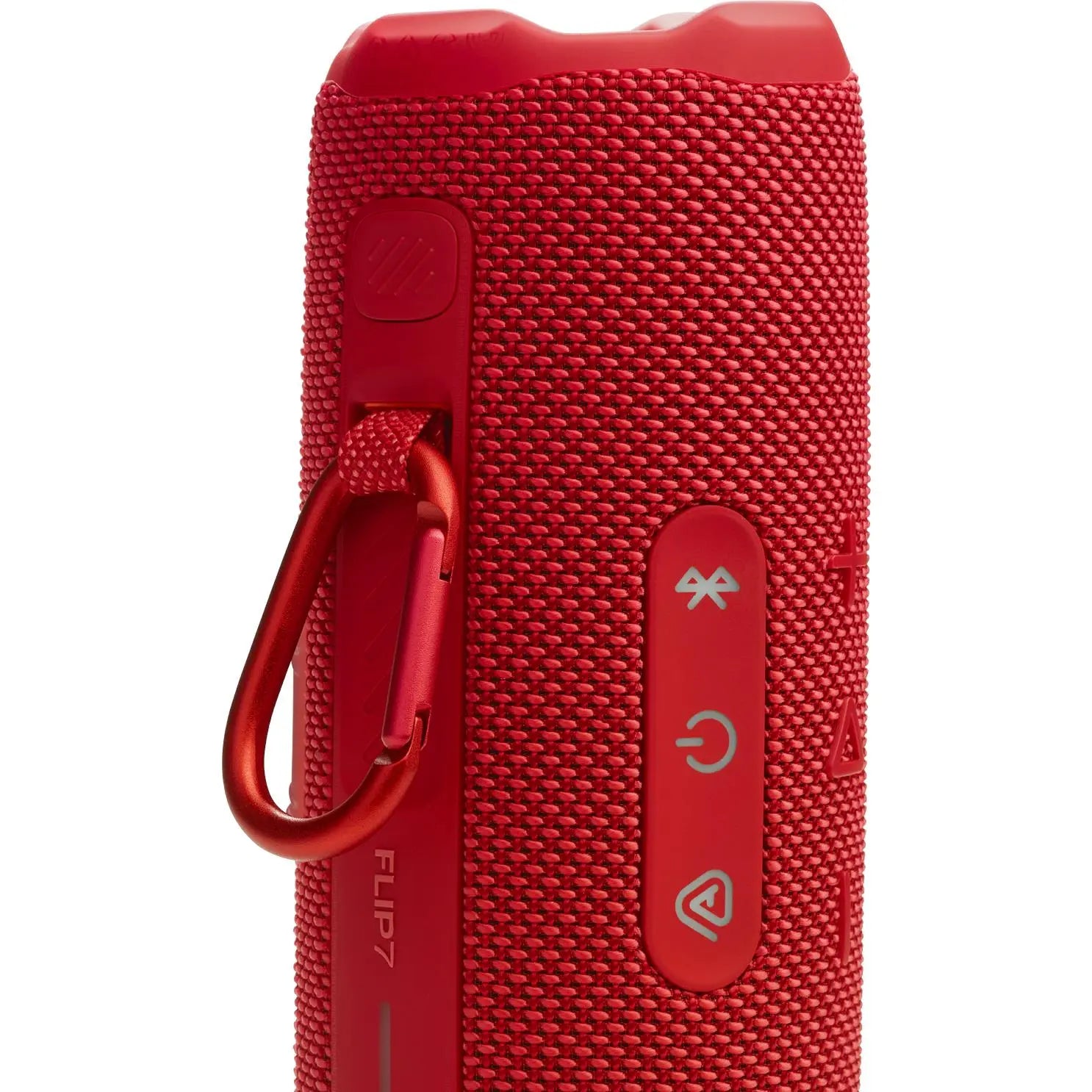 Close-up of the JBL Flip 7's PushLock system with the attached carabiner clip for easy carrying.