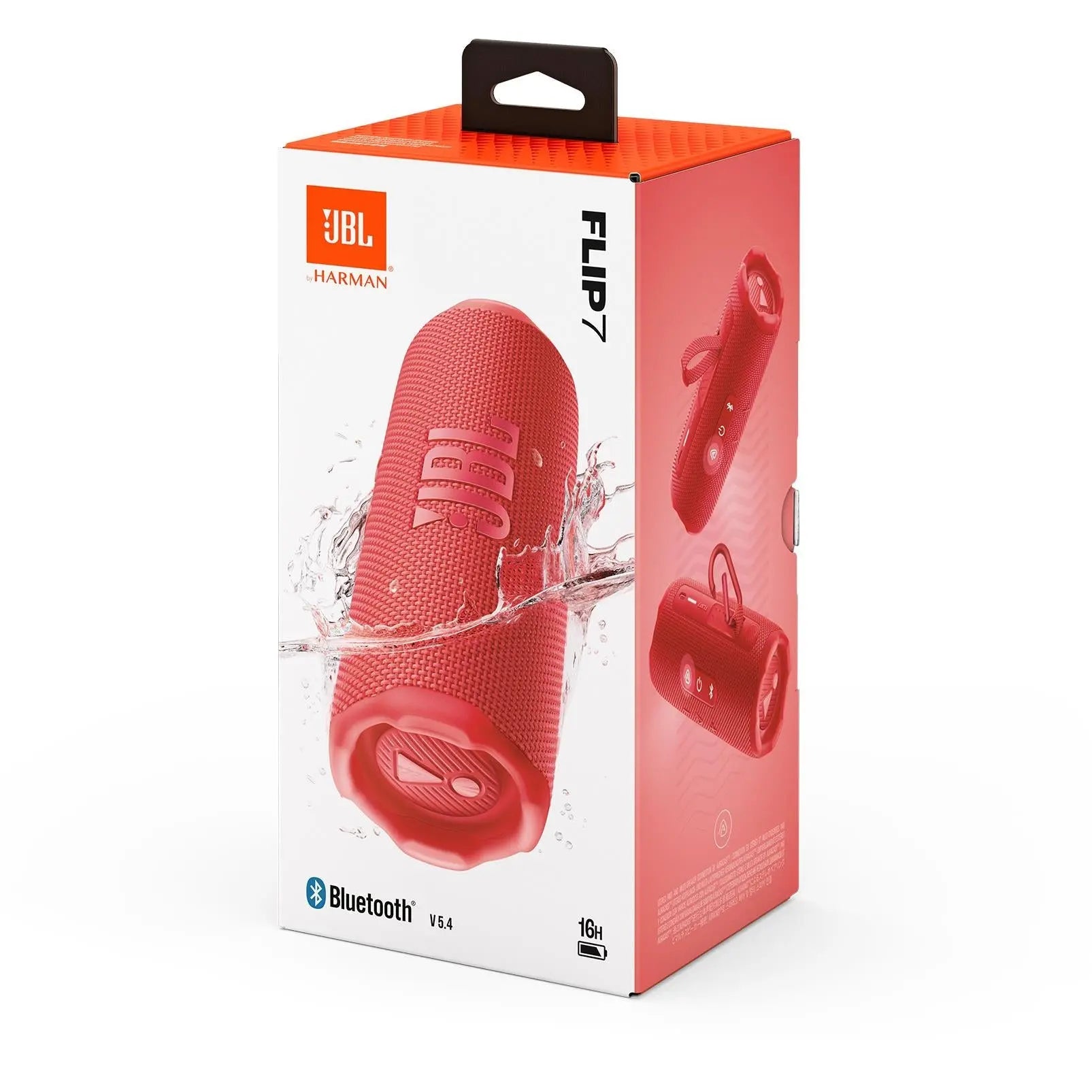 JBL Flip 7 speaker submerged halfway in water or sitting on a dusty surface, emphasizing the IP68 waterproof and dustproof features.