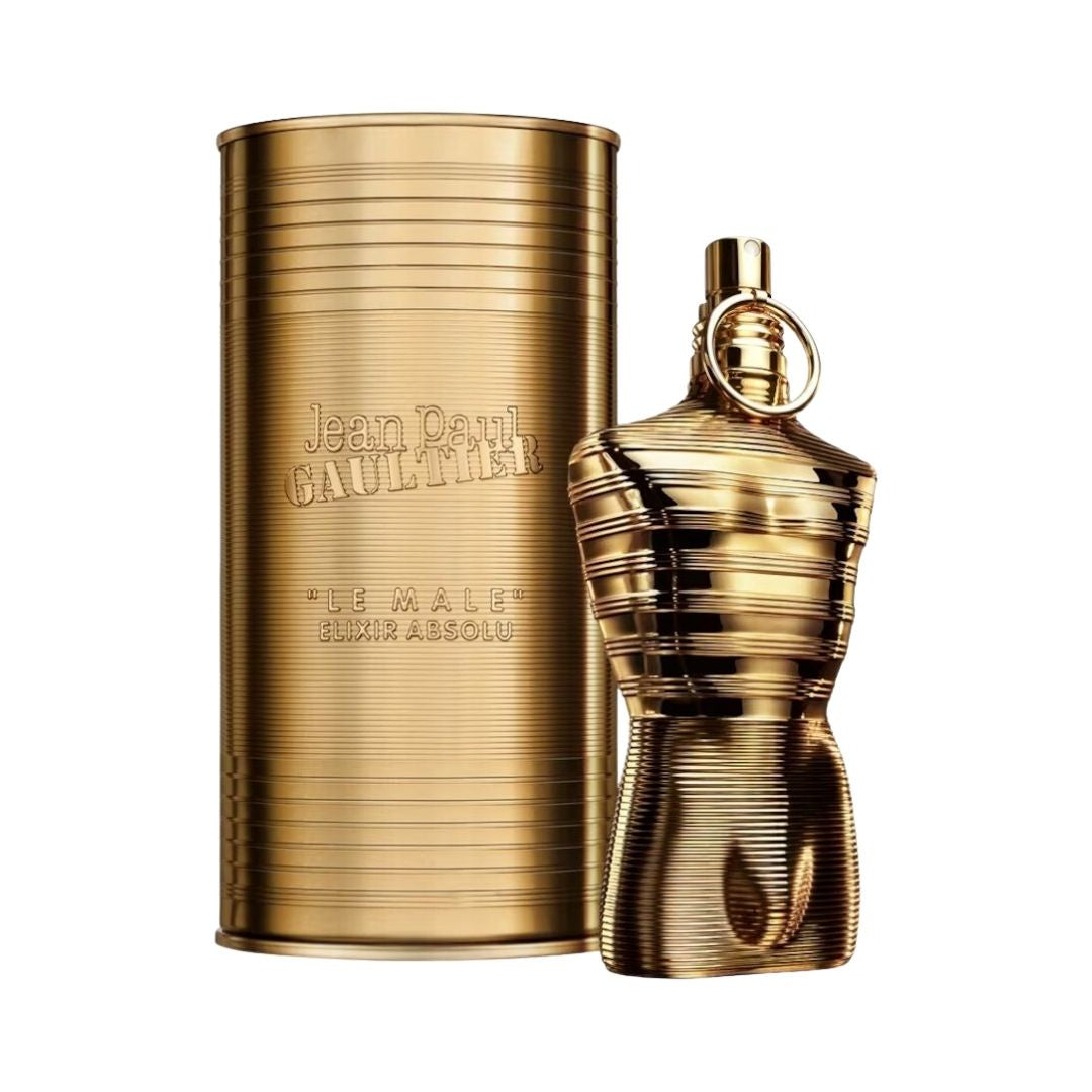 Jean Paul Gaultier Le Male Elixir Absolu 200ml Parfum Intense, a dark blue and gold torso-shaped bottle for men in NZ