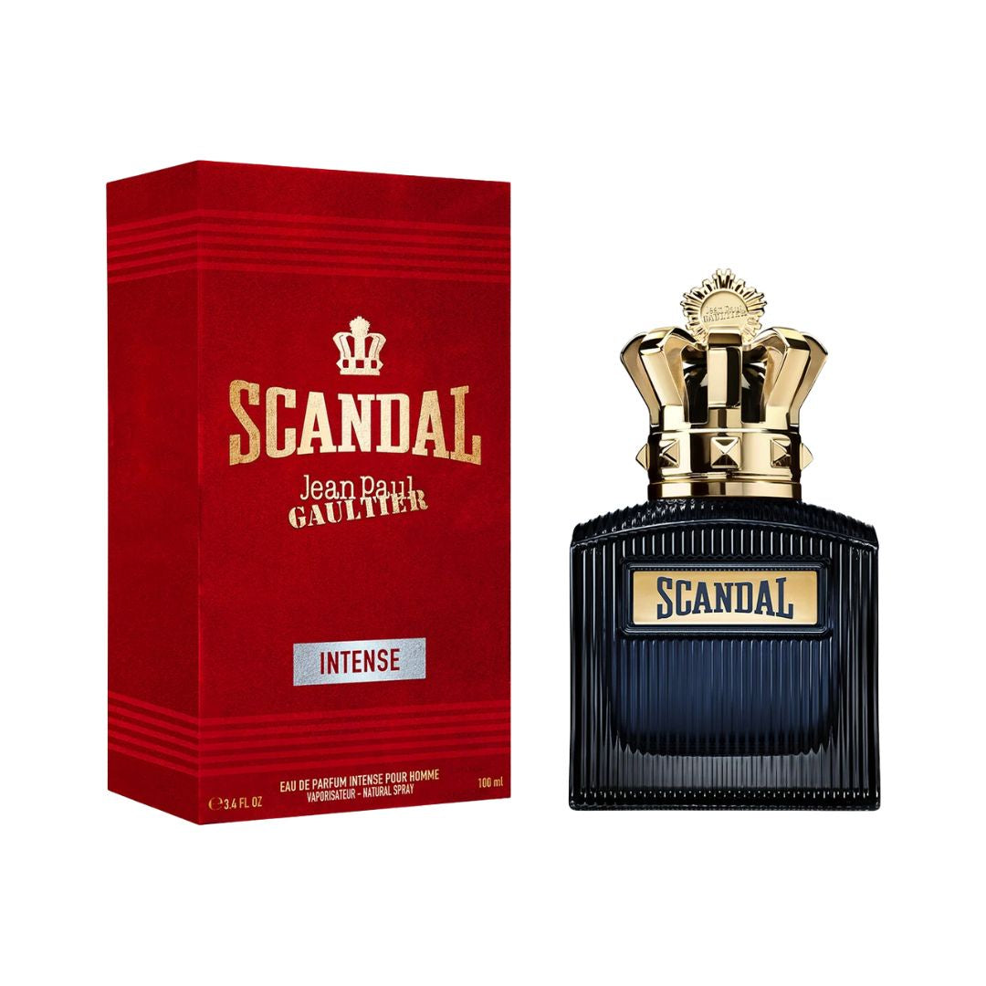 Jean Paul Gaultier Scandal Intense EDP 100ml, a sleek, masculine bottle suggesting a bold, woody, and leathery men's fragrance.