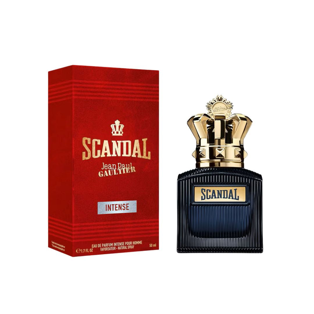 Jean Paul Gaultier Scandal Intense EDP 50ml, a sleek, masculine bottle suggesting a bold, woody, and leathery men's fragrance.